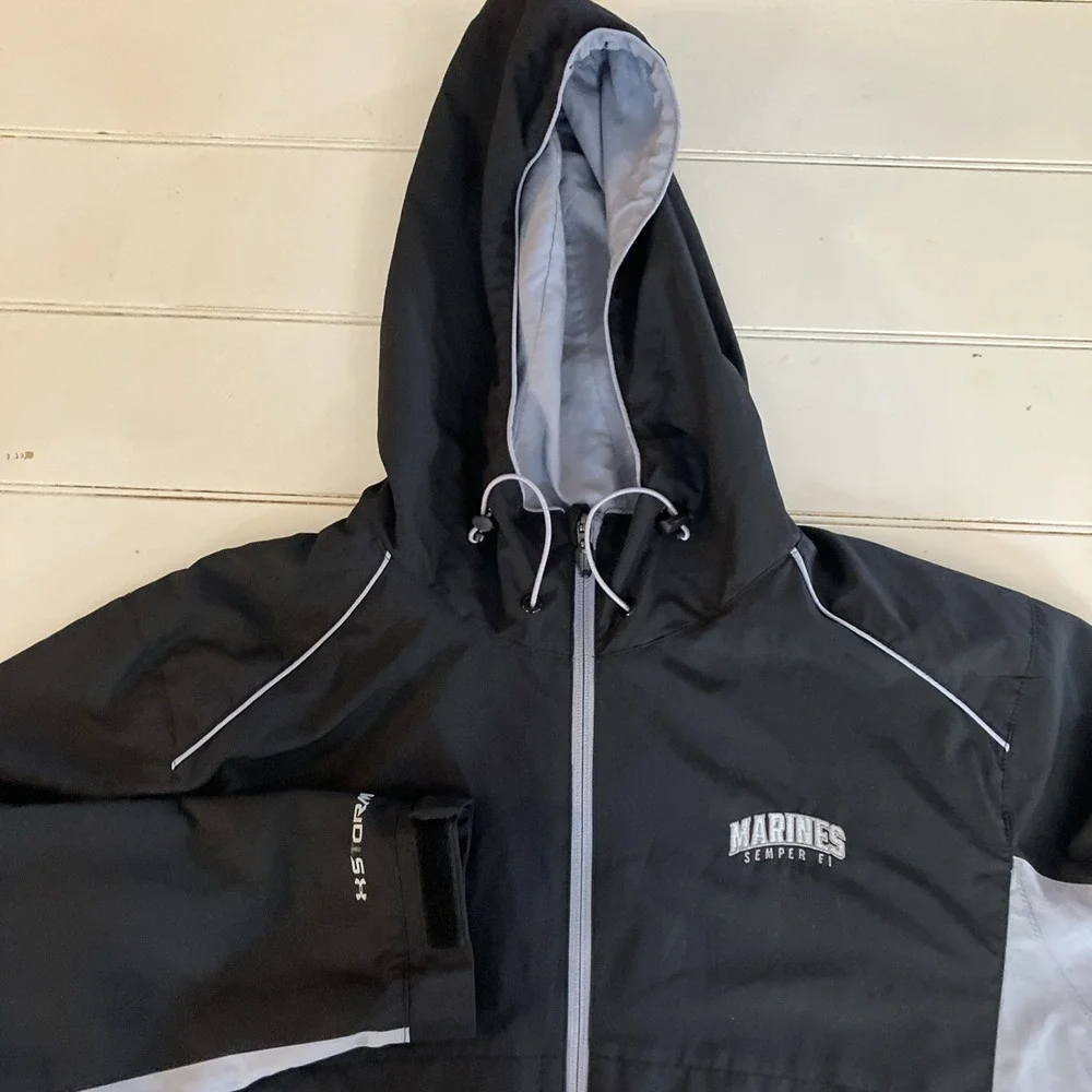 Under Armour Marines Semper Fi Jacket Mens Large Black HoodWindbreaker Zip Read